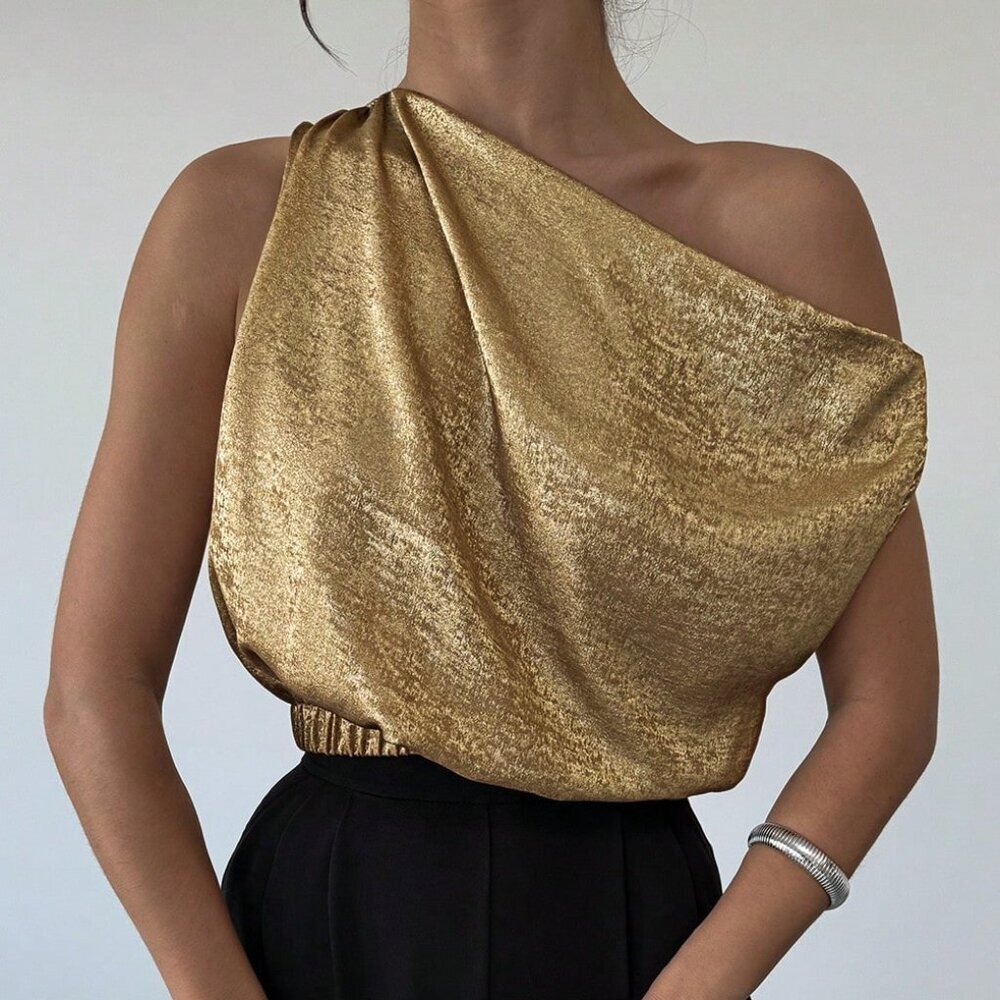 Gold Elegant Romantic Women's Asymmetric Off-Shoulder Blouse - Picture 4 of 7